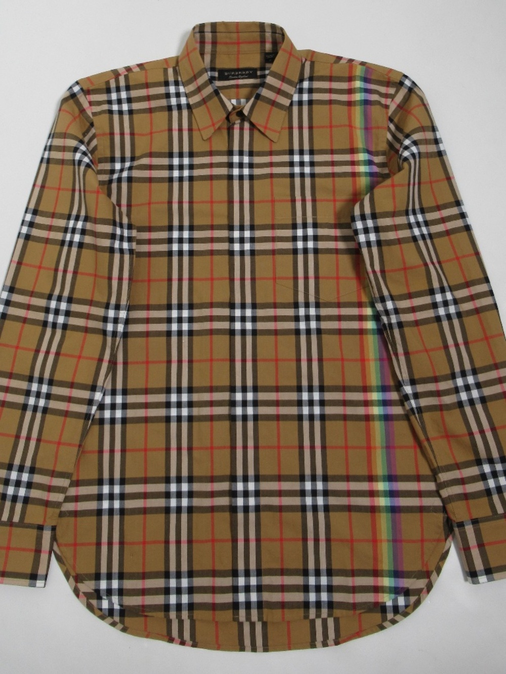 Burberry Men's Check Button-Up Shirt With a Rainbow Stripe Archive Beige Size S